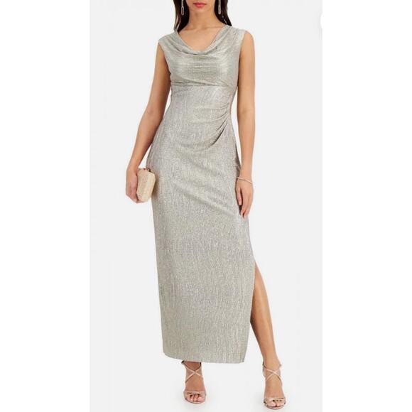 Metallic Cowl Neck Evening Gown 10 Occasion Glam Event Party Cocktail Maxi Dress - Picture 1 of 7